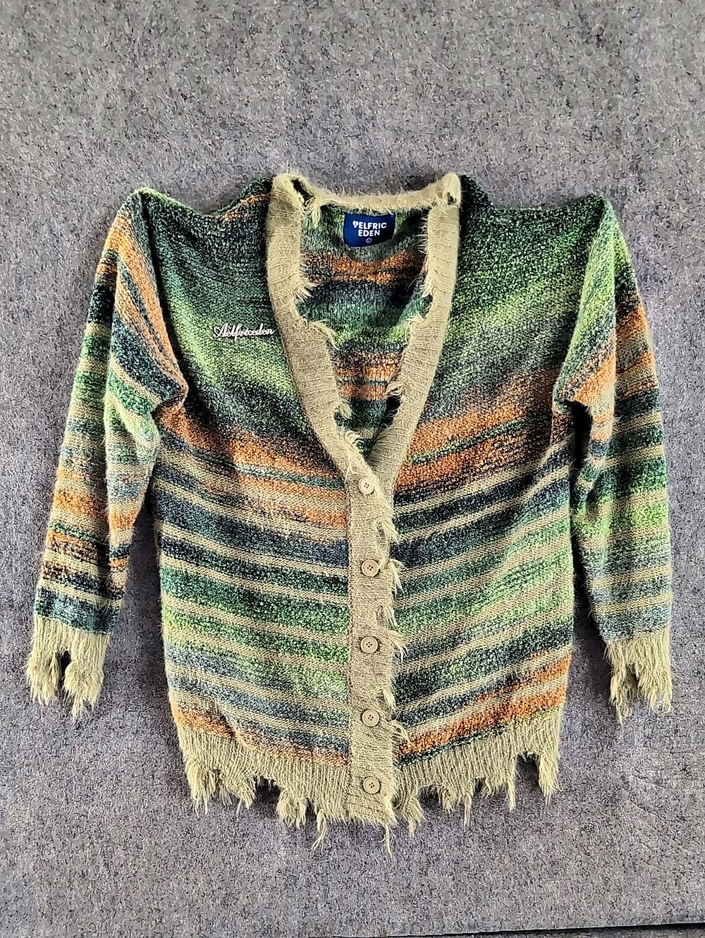 Elfric Eden Striped Fringe Cardigan in Green & Orange Size Large
